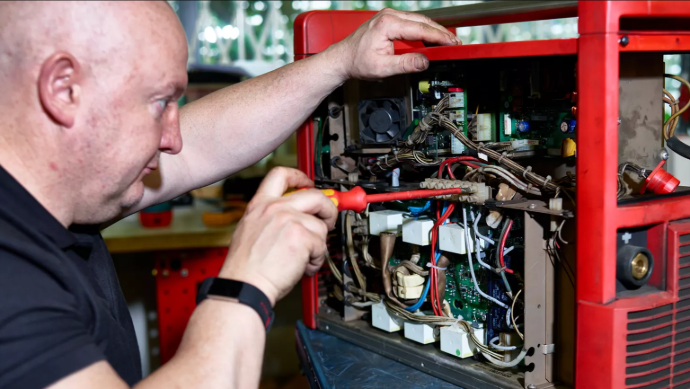 ammattilainen huoltaa hitsauskonetta